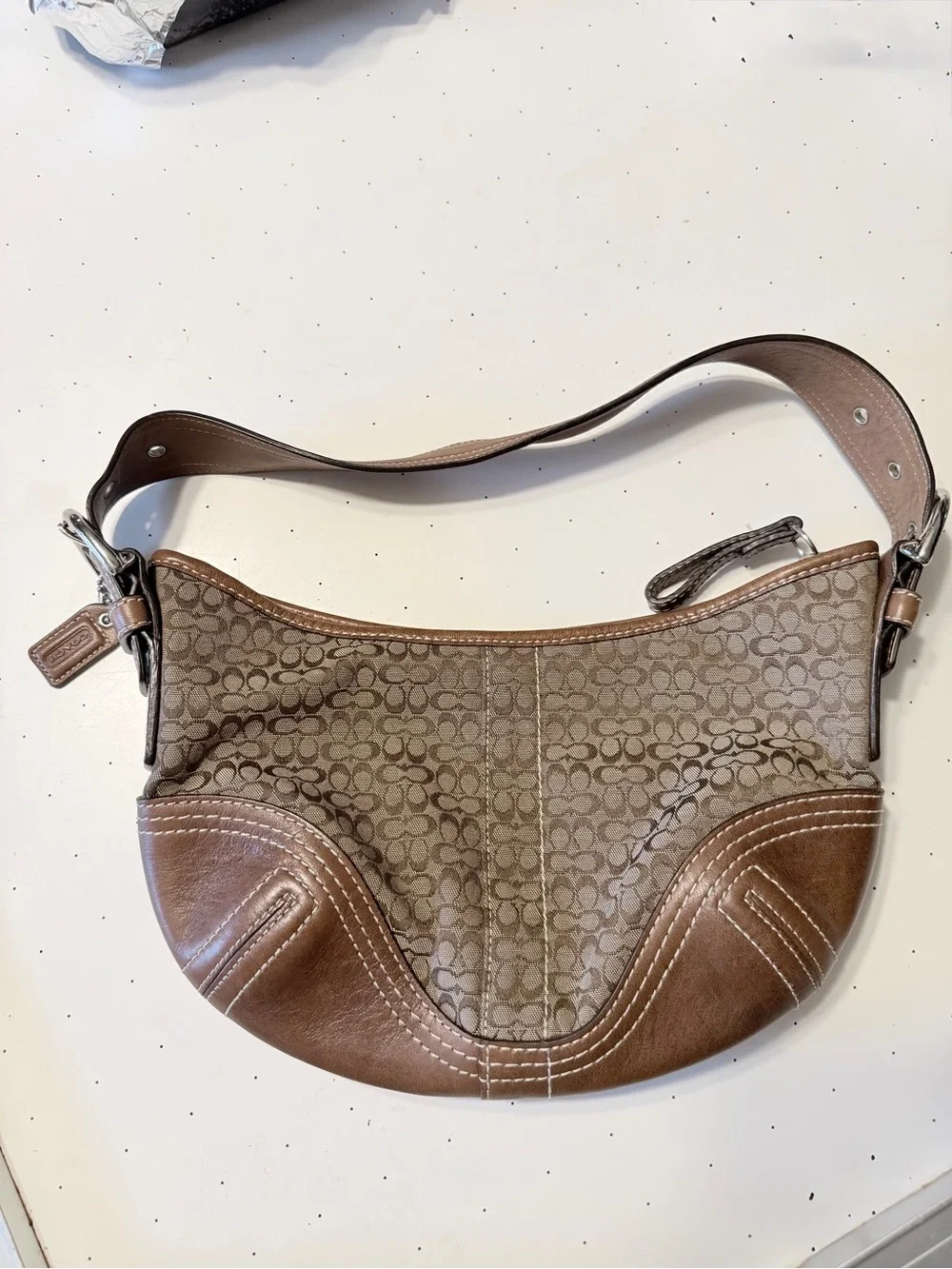 Coach Brown Signature Canvas Shoulder Bag with Leather Trim